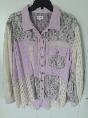 POL Lilac button-up blouse with cream crochet and floral panels
